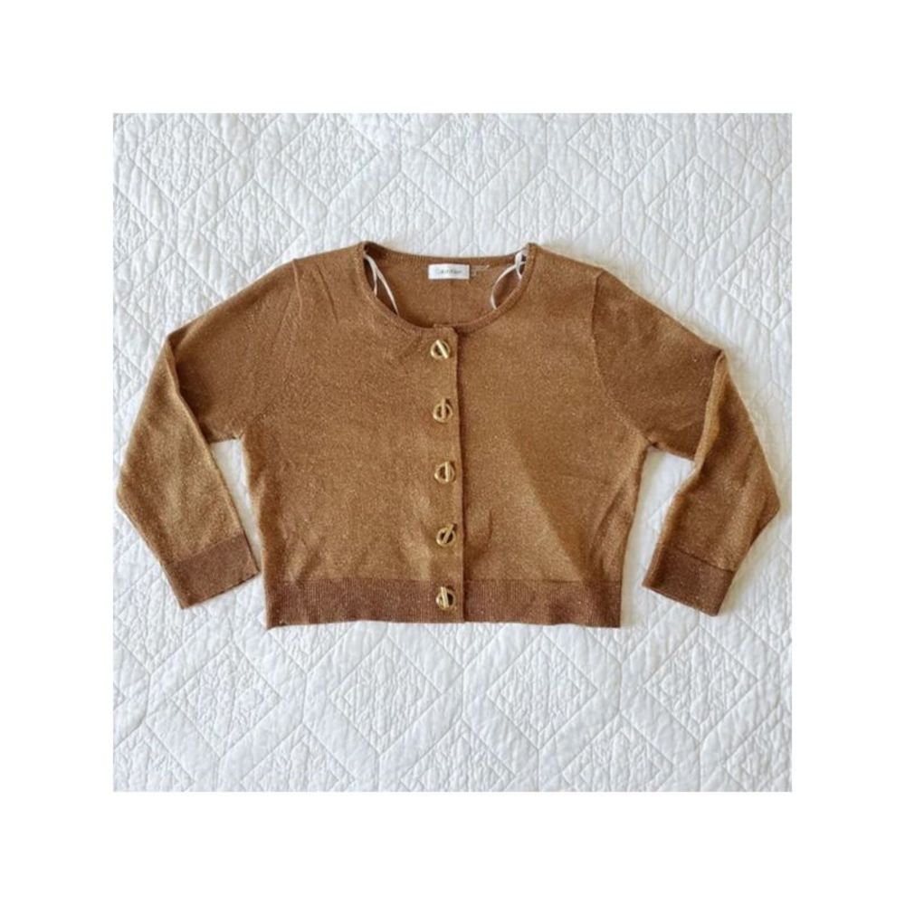 CALVIN KLEIN Womens Gold Cardigan Long Sleeve Scoop Neck Button Up Sweater XL